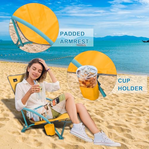 NORTHROAD 2 Pack Low Folding Beach Chair,Portable Lightweight Lowback Sling Chair, Outdoor Low Seat Camping Chair w/Cup Ho...