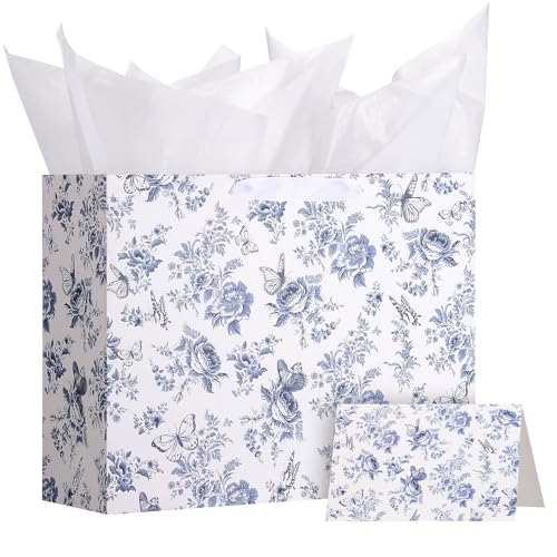 woric 14.5" Large Bridal Shower Gift Bag, Blue Floral Wedding Gift Bag with Greeting Card and Tissue Paper for Women Weddi...