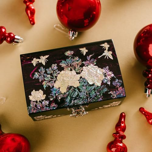 February Mountain Mother-of-Pearl Jewelry Box – Elegant Purple Lacquered Keepsake with Peony & Butterfly Design, Red Velve...