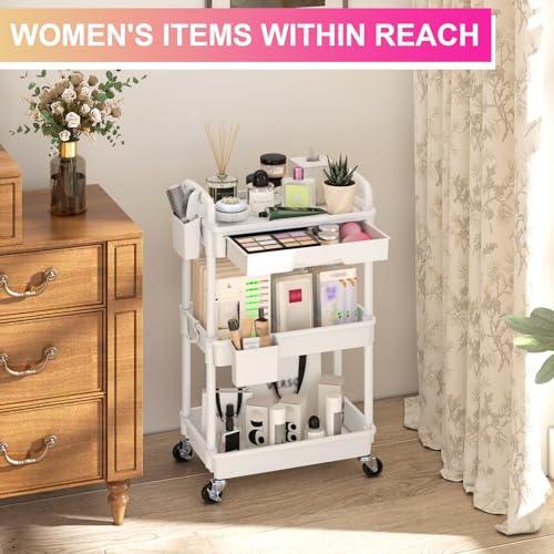 Goovilla 3 Tier Rolling Utility Cart Organizer with Removable Drawer, Stable and Sturdy White Rolling Storage Carts with 2...