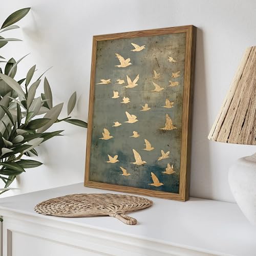 Framed Flock of Birds Canvas Wall Art, Vintage Minimalist Abstract Landscape Painting, Neutral Gold Birds Spiritual Wall D...