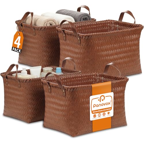 Panovox Hand Woven Baskets for Storage, 4Pcs Water-Resistant Wicker Baskets, Brown Wicker Storage Baskets for Shelves, Lar...