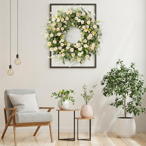 Sggvecsy White Daisy Wreath 24 Inch with Fake Silk Floral Green Eucalyptus Leaves and Lavender for Spring Summer Front Doo...