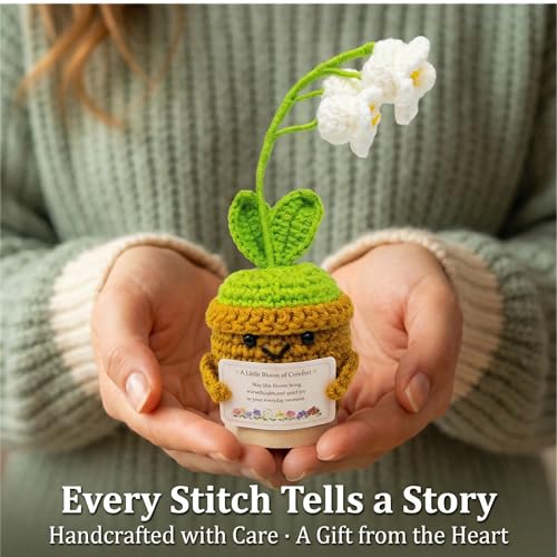 Xulvrax May Birth Flower Lily of the Valley Crochet Potted Plant Gift, Handmade Style with Wooden Base, Meaningful Birthda...