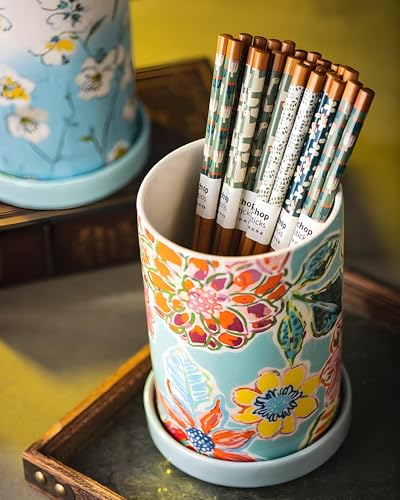 Utensil Holder for Kitchen Counter, Large Ceramic Utensil Holder Crock with Drain Tray, Hand-Painted Floral Rustic Farmhou...