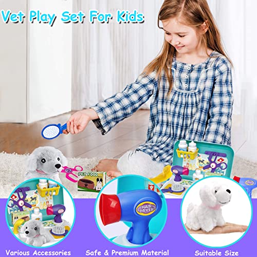 TEUVO Pet Care Play Set Doctor Kit for Kids, 16 Pcs Doctor Pretend Play Vet Dog Grooming Toys Puppy Dog Carrier Feeding Do...