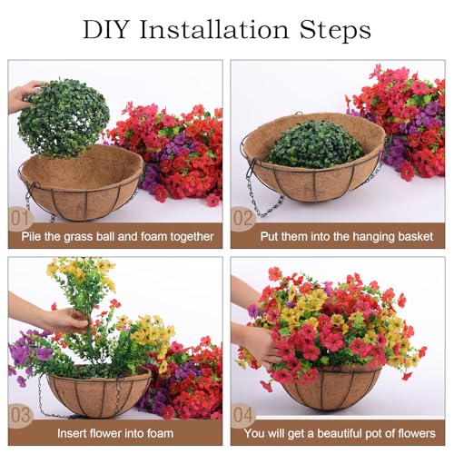 Hananona 2 Set Artificial Outdoor Flowers with Hanging Basket, 2 Hanging Planters with 24 Pcs Flowers for Spring Summer Fr...