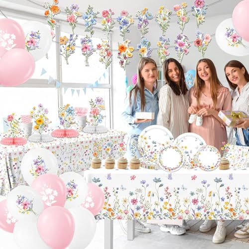 193Pcs Spring Wildflower Party Decorations Include Plates, Napkins, Cups, Balloons, Banner, Tablecloth, Cake Toppers, Hone...