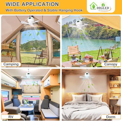 DIGLED Battery Operated Ceiling Fan: 11" Portable Camping RV Tent Fan with Lights - Outdoor Hanging Rechargeable 8000mAh -...