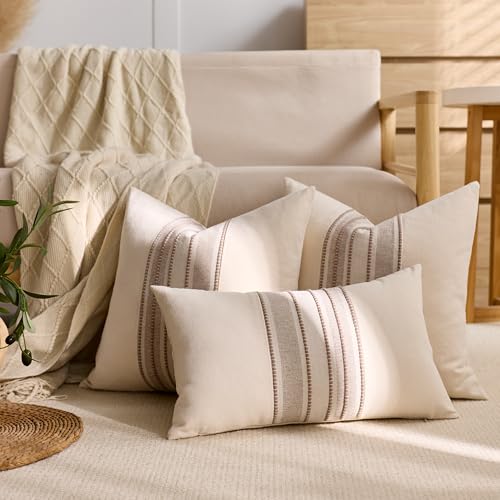 Striped Linen Textured Throw Pillow Covers 18x18 Inch Set of 2,Boho Decorative Cushion Covers, Neutral Beige Accent Pillow...