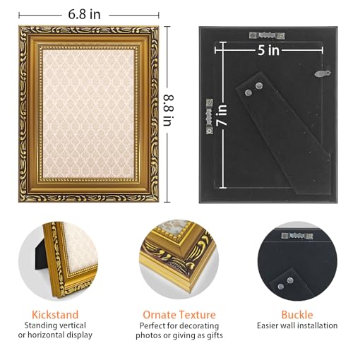 MIEVU 5x7 Picture Frame Gold - Pack of 1 Vintage Picture Frames And Tabletop Display, Ornate Photo Frame for Poster