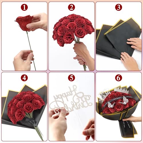 MEIVINES Glitter Roses Bouquet,Birthday Gifts for Women Mom,DIY Fake Flowers Bouquet with Birthday Stand-Up Signs,24 Red R...