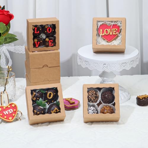 NEKSUNBAK 50-Count 4x4x2 inches Food-Safe Brown Bakery Boxes - Multi-Use Pastry & Treat Packaging for Cookies, Truffles & ...