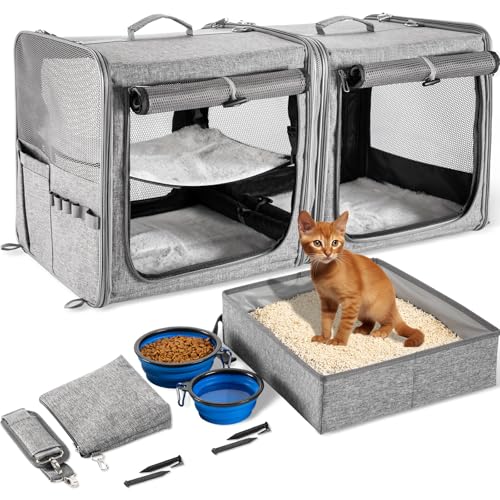 Suertree Large Cat Carrier for 2 Cats with Zipper Locks, Double Cat Carrier with Travel Litter Box, Soft Pet Travel Carrie...