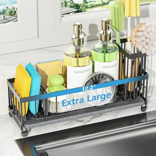 Cisily Extra Large Sink Caddy Organizer with Drying Stone, Black Sponge Holder for Kitchen, Dish Brush Holder for Countert...