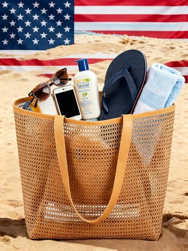 WXQCJL Mesh Beach Bag for Women - Foldable Large Tote with Zipper Inner Pockets for Pool Swimming Vacation & Travel