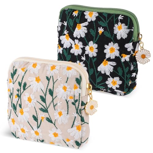 TIESOME Daisies Sanitary Napkin Storage Bag, 2 Pcs Embroidery Menstrual Cup Pouch Cotton Soft Period Holder Bag Portable T...