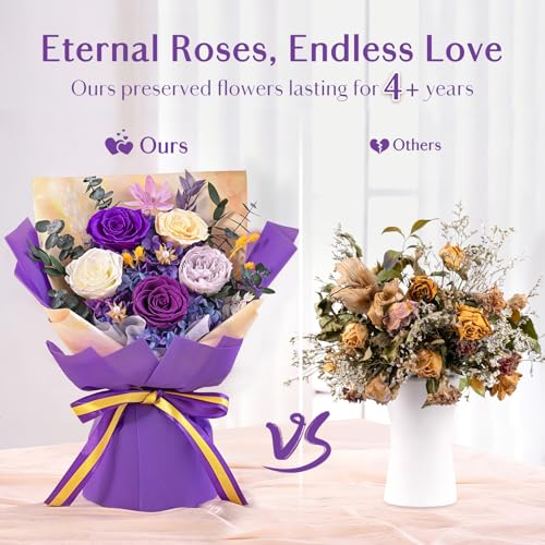 Yastouay 5 Pcs Glitter Purple Preserved Roses Bouquet for Mothers Day, Forever Flowers for Delivery Prime, Birthday Gifts ...