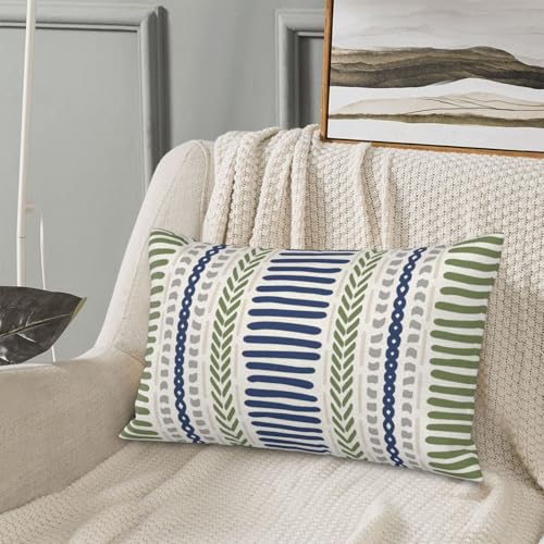 DAFENA Sage Green Pillow Covers 12x20 Inch 2 Pcs Boho Navy Blue Grey Polka Dots Stripe Decor Throw Pillows Modern Geometri...