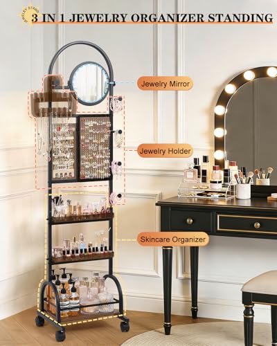 Mirror Jewelry Cabinet Standing, Jewelry Organizer and Storage with Jewelry Mirror, Jewelry Armoire with Earring Organizer...