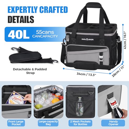 INSMEER Soft Cooler Bag with Hard Shell & 4 Cup Holders, 55 Cans 40L Collapsible Soft Sided Cooler, 100% Leakproof Insulat...