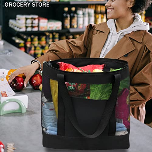 hsmyank 2Pack Lightweight Mesh Tote Bag,Sandproof Beach Bags with Zipper &Double Pocket For Groceries,Poolside,Travel,Towels