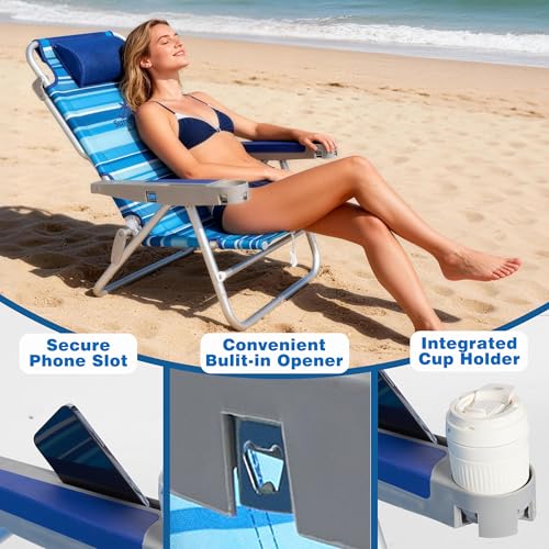SUNNYFEEL Extra Wide 28" Low Beach Chair 5 Position Lay Flat, XL Oversized Portable Folding Camping Chairs with Cup Holder...