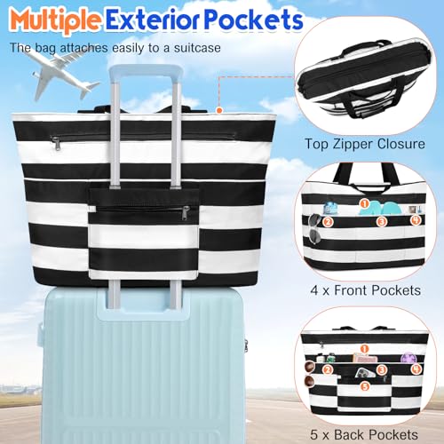 BKNOOU Extra Large Beach Bags Waterproof Sandproof XL Beach Tote Bag for Women Zipper Foldable Swim Pool Bag with Wet Pocket
