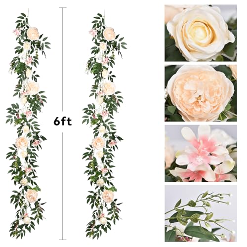 Lvydec 2 Pack Artificial Peony Flower Garland - 6ft Silk Peony Vine Willow Leaves Garland Champagne Arch Flower Vine for W...