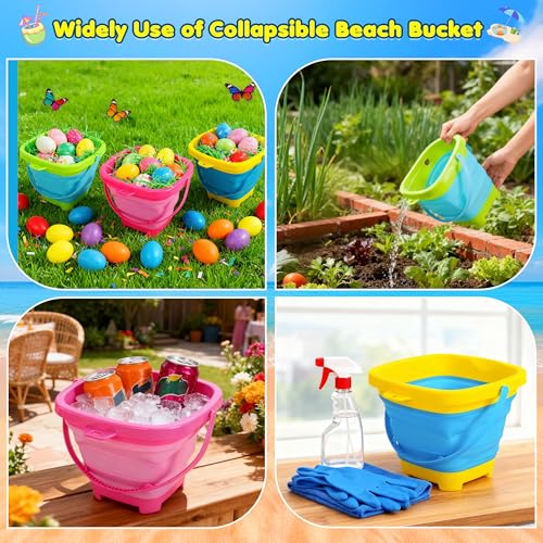 Xgunion Collapsible Beach Sand Bucket 3 Packs Foldable Buckets Set with Shovels & Mesh Bag Collapsible Beach Toys for Kids...