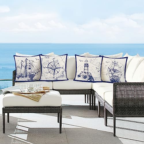 Bonhause Nautical Sailing Throw Pillow Covers 18 x 18 Inch Set of 4 Sailboat Compass Lighthouse Decorative Pillows Case Po...