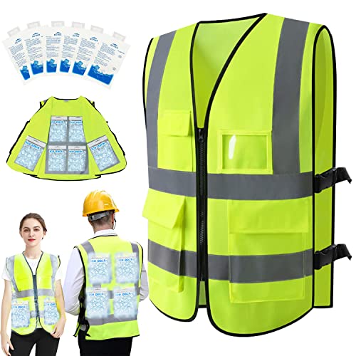 PANGTIKU Cooling Vest with 20pcs Gel Ice Pack - Ice Safety Vest for Men Women High Visibility Reflective for Hot Weather Work