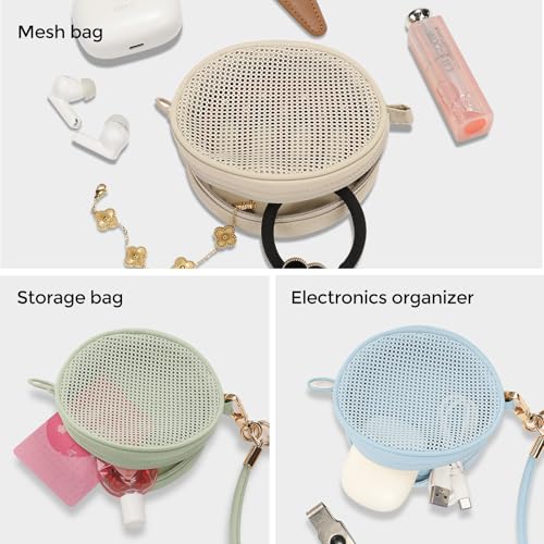 GIVLEFLY 2PCS Mesh Coin Purse Set with Wristlet Keychain, Small Zipper Card Holder & ID Pouch, Round Mini Cosmetic Bag, Br...