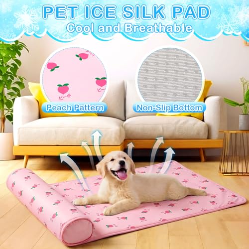 DoubleFill 4 Pack Cooling Dog Mats with Supportive Pillow 15.7" x 23.6" Self Cooling Dog Pads Ice Silk Washable Pet Cool M...