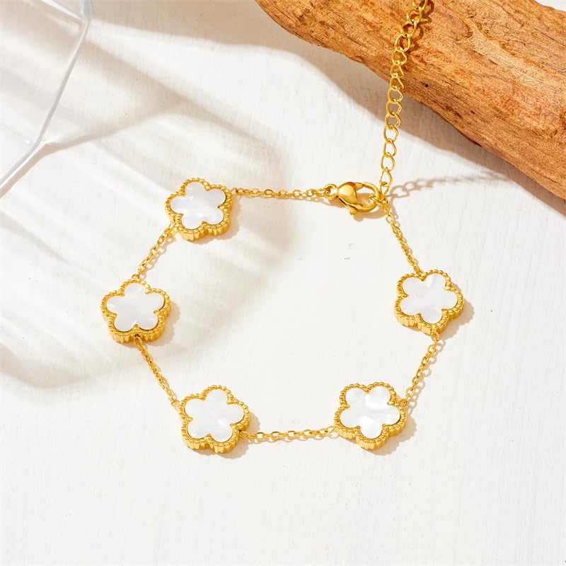 Lucky Clover Neckalce Earring Bracelet Set For Women Gold Plated Stainless Steel Chain Necklace with Flower Design Five Le...