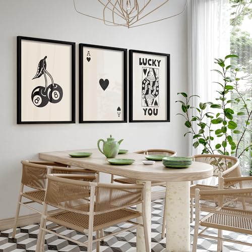 Heiple Framed Set of 3 Poker Wall Art Lucky You Poster, Trendy Retro Print Wall Decor for Queen of Hearts Wall Art Rustic ...