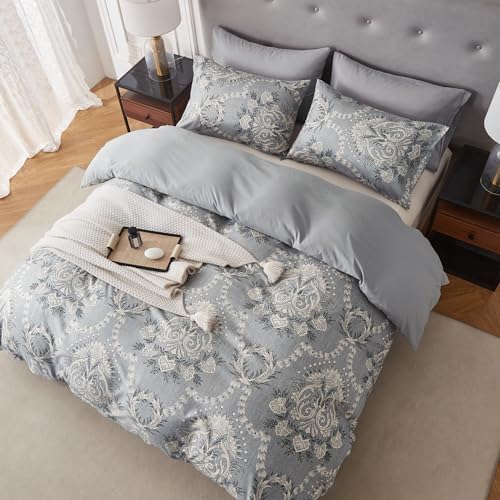 Grey Floral Duvet Cover Set Full Size Bedding Quilt Comforter Cover Reversible Duvet Covers Microfiber Bedspread Floral Be...