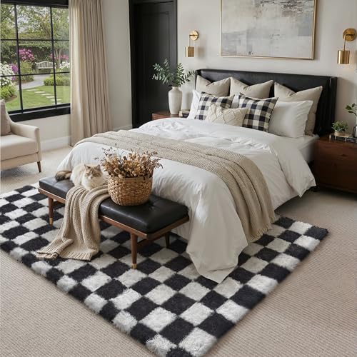 PureCozy Checkered Rug 8x10 for Living Room, Black and White Modern Shag Rugs Super Soft Washable Indoor Office Fuzzy Carp...