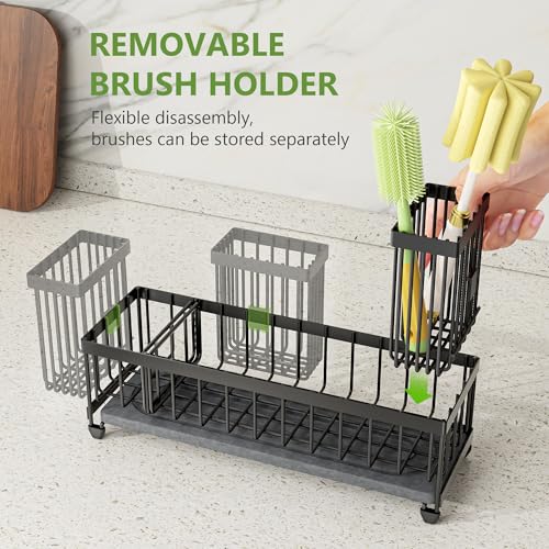 Cisily Extra Large Sink Caddy Organizer with Drying Stone, Black Sponge Holder for Kitchen, Dish Brush Holder for Countert...
