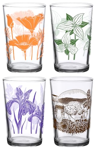 DOWN TO EARTH BASICS Vintage Glasses Set – 7 oz Retro Tumbler Variety Pack – Poppy, Iris, Trillium, Mushroom – Durable Flo...