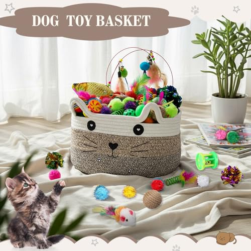 Zopeal 76 Pcs Easter Cat Storage Basket Gift Toys Set Interactive Cat Toys Kitten Wand Colorful Flashing Balls Pet Crinkle...