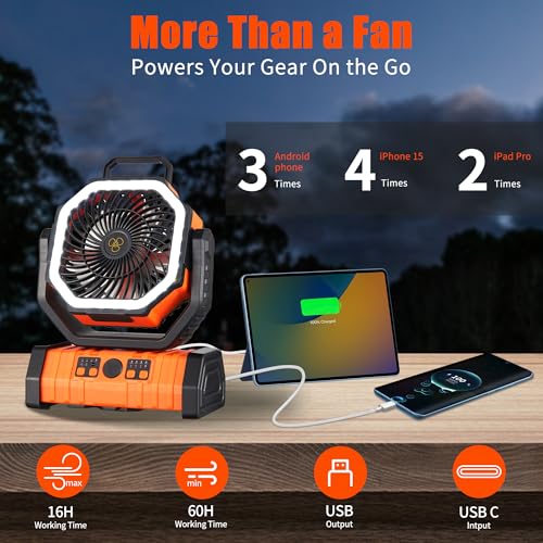 Rechargeable Fan,Operated Camping Battery Powered Fan with Hook&Bright LED Light,Remote Control Timer Auto Oscillation Cor...