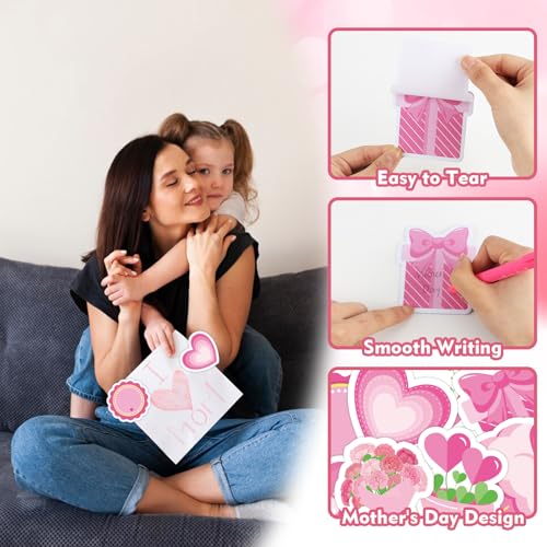 24 Set Mother's Day Sticky Notes and Pens Set Pink Flower Bouquet Heart Gift Box Shaped Self-Adhesive Sticky Notepads Moth...