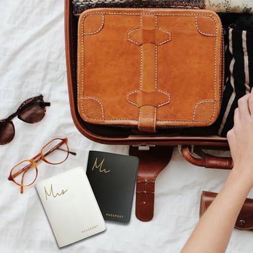 Mr&Mrs Gifts Matching Passport Holders for Mr and Mrs, Gold Foil Logo, Dual PU Leather with Card Pockets, Honeymoon Travel...