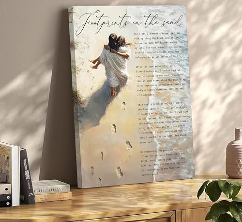 Footprints in the Sand Canvas Wall Art Chrisitan Inspirational Painting Picture Jesus Hugging Woman on Beach Poster Prints...