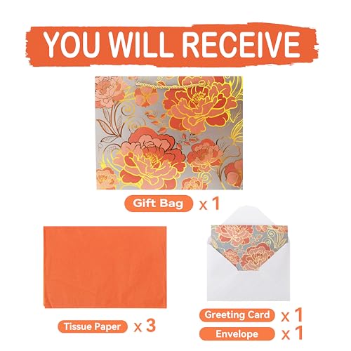 13" Large Rose Gold Gift Bag Set with Greeting Card and Orange Tissue Paper for celebrating birthdays,Mother's Day,Christm...