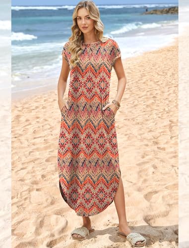 WIHOLL Summer Dresses Cap Sleeve Crewneck Maxi Long Casual Dress with Pockets Beach Vacation Sundresses 2026 Trendy