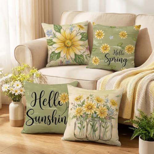 wyooxoo Spring Pillow Covers 16x16 Set of 4 Olive Green Farmhouse Throw Pillow Covers Floral Decorative Cushion Cases for ...