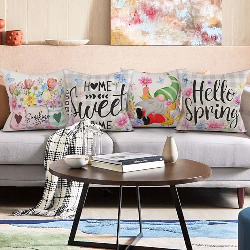 Unibyby Spring Pillow Covers 18x18, Home Sweet Home Outdoor Throw Pillowcase, Farmhouse Floral Home Decor Square Cushion C...