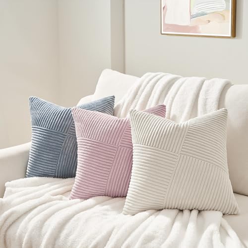 Topfinel Cream White Decorative Neutral Throw Pillow Covers 18x18 Inch for Couch Sofa Bed, Soft Corduroy Striped Patchwork...